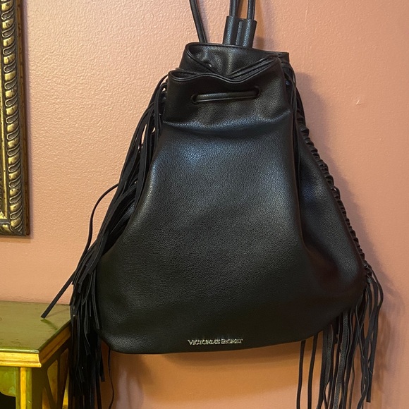 Victoria's Secret NWT Black Fringe Backpack Gold Logo 10x13x6 - Picture 1 of 9